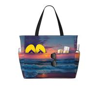 Beach Sunset Ocean Waves Print Large Waterproof Beach Tote Bag for Women with Zip and Pockets Foldable Handbag for Travel Pool Shopping Holiday Gym