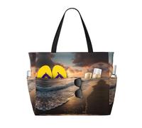 Beach Sunset Ocean Waves Print Large Waterproof Beach Tote Bag for Women with Zip and Pockets Foldable Handbag for Travel Pool Shopping Holiday Gym