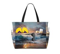 Beach Sunset Ocean Waves Print Large Waterproof Beach Tote Bag for Women with Zip and Pockets Foldable Handbag for Travel Pool Shopping Holiday Gym