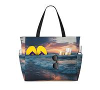 Beach Sunset Ocean Waves Print Large Waterproof Beach Tote Bag for Women with Zip and Pockets Foldable Handbag for Travel Pool Shopping Holiday Gym