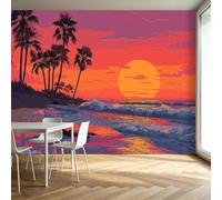 Beach Sunset Palm Trees Panorama Photo Wallpaper 450 x 315 cm Non-Woven Art Wall Mural, Vintage Poster Wall Mural for Living Room Bedroom Entertainment Room Tv Sofa Background Photo Wallpaper