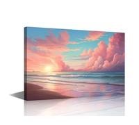 Beach Sunset Pictures Wall Decor for Bedroom Pink Clouds and Blue Sky Paintings Artwork Beautiful Beach Print Artwork Canvas House Decorative Framed Ready to Hang Posters and Prints 24"Wx36"Hx1 Panel
