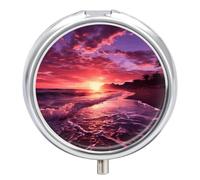 Beach Sunset Pill Box Round Portable Small Pill Case Waterproof Travel Pill Box Organizer for Pocket Purse and Daily Convenience
