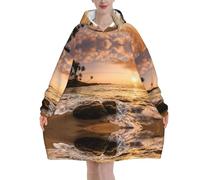 Beach Sunset Print Hoodie Blanket, Print Hoodie Blanket, Soft Wearable Blanket Hoodie Sweatshirt For Adults Women Men 280g Flannel