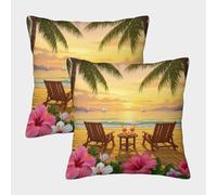 Beach Sunset Scene-tropical Vacation Art Pillow Cases Pack of 2 Cozy Pillowcases Cushion Cover with Invisible Zipper Decor Couch Living Room 45x45cm