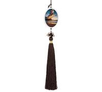 Beach Sunset Sea Clouds Car Pendant Sun Catcher Crystal Ornament for Rearview Mirror, Elegant Car Hanging Ornament with Tassel for Home & Office Decor