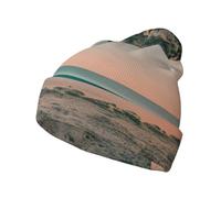 Beach Sunset Theme Print Highly Elastic Cap Stylish Knitted Beanie Warm Winter Hats Soft Unisex Beanies Black