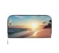 Beach Sunset Tranquil Leather Wallet For Women Girl, Zip Around Credit Card Holder Long Pu Wallet Clutch Purse Waterproof Travel Handbag