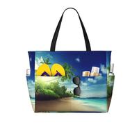 Beach Sunset Tranquil Print Large Waterproof Beach Tote Bag for Women with Zip and Pockets Foldable Handbag for Travel Pool Shopping Holiday Gym