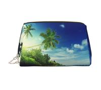 Beach Sunset Tranquil Print Makeup Bag Portable Leather Waterproof Cosmetic Bag Clutch Makeup Brush Bag (6.7x4.3in)
