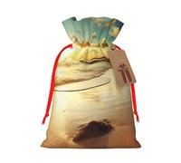 Beach Sunset Tranquil Printed Christmas Drawstring Bags Reusable Xmas Bag for Party Xmas Gift Wrapping, Red Ribbon, M