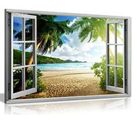 Beach Sunset View 3D Window Effect Canvas Wall Art Picture Print (18X12)