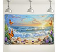 Beach Sunset Wall Backdrop, Butterfly Coastal Decor, Ocean Shells Photography Background for Summer Parties, Tropical Theme Events 71x43 Inch