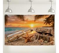 Beach Sunset Wall Backdrop, Tropical Ocean Scene Decorative Background, Starfish and Treasure Chest Photography Props for Summer Parties and Events 71x43 Inch