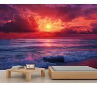 Beach Sunset Wall Mural Ocean Waves Coastal Wallpaper Red Sunset Sky Mural 3D Ocean Photo Wallpaper Hd Printing Landscape Murals for Living Room Bedroom 250 x 175 cm