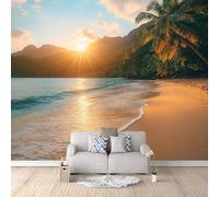 Beach Sunset Wall Mural Sea Beach Palm Trees Photo Wallpaper for Living Room Bedroom 300 × 210 cm / 118" × 82.6" - Non-Woven Wallpaper 3D Wall Mural TV Backdrop Decoration Poster