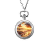 Beach Sunset Wave Vintage Pocket Watch with Chain Classic Numerals White Dial
