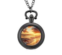 Beach Sunset Wave Vintage Pocket Watch with Chain Classic Numerals White Dial