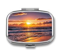 Beach Sunset Waves 2-Compartment Pill Box, Portable Pill Organizer for Pocket or Purse, Decorative Metal Medicine and Vitamins Organizer