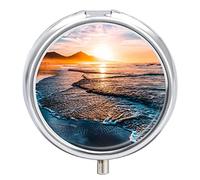 Beach Sunset with Endless Horizons Foamy Waves Sunlight Iron Pill Box Case Organizer with Internal Separate Plastic Dividers, Travel Small Medicine Bag Holder Carrier Round Container