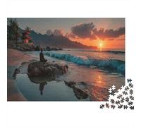 Beach Sunset with Stone Statues Meditating on The Beach Jigsaw Puzzles. 1000pcs (75x50cm) Whimsical Challenge Toy for Educational Games Gifts