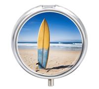 Beach Surfboard Round Pill Box with Mirror 3 Compartment Portable Pill Case for Travel Outdoor Use Cute Small Pill Organizer for Pocket Or Purse