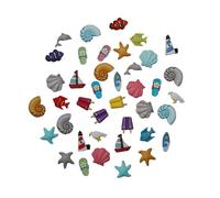 Beach Theme Decorative Buttons, 50-Piece Set, Summer Designs for Sewing, Crafting, Scrapbooking & DIY Projects with Seashells, Flip Flops, Sailboats, 3D Shank Style