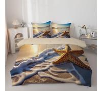 Beach Theme Double Duvet - Reversible Summer Coverless Duvet with Pillowcase - 3D Coastal Starfish Double Quilt for All Season - Lightweight and Washable Comforter - Beige Blue E32