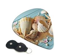 Beach Theme Seashells Guitar Picks 6 Pack with Leather Guitar Pick Holder Keychain, Plectrum Key Fob Cases Bag, Abstract Art Plectrum for Acoustic Electric Guitar, Ukulele 0.71mm