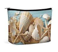 Beach Theme Seashells Makeup Bag, Portable PU Leather Cosmetic Bag with Zipper Pouch, Waterproof Travel Toiletry Bag for Women Men