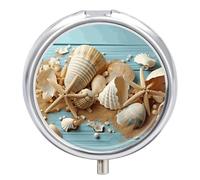 Beach Theme Seashells Pill Box Round Portable Small Pill Case Waterproof Travel Pill Box Organizer for Pocket Purse and Daily Convenience