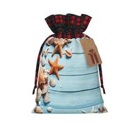 Beach Theme Seashells -Print Multi-Colored Burlap Drawstring Bags, Eco-Friendly Plaid Pouches For Wedding Party Favors & Custom Packaging. S