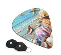 Beach Theme Seashells Printed Guitar Picks, 6 Pack with Leather Keychain Pick Holder - 0.46mm, 0.71mm, 0.96mm Assorted Thickness for Acoustic Ukulele, Electric Guitar, Acoustic Guitar, Bass