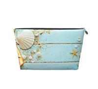 Beach Theme Seashells Womens Makeup Bag Leather Travel Toiletry Organizer Wash Bag Cosmetic Pouch with Zipper Girls Handbag Silver