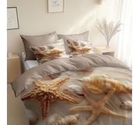 Beach Theme Shells Starfish Luxury Duvet Cover, King 230 x 220 cm Reversible Double Duvet Cover Set with Pillowcases, Light Khaki, Ultrasoft Hypoallergenic Quilt Cover Bedding, For All Seasons