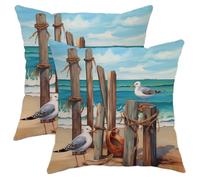 Beach Theme Throw Pillow Cover Pack of 2 Summer Ocean Wooden Birds Sky Modern Coastal Seaside Waves Blue Velvet Cozy Square Large Living Room Decor Bedroom Patio Couch Pillow Cases 20x20inch