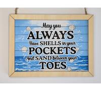 Beach Theme Wall Plaque, Shells and Sand Quote, 16 x 12 cm, Wooden Frame Seaside Nautical Bathroom Sign decor