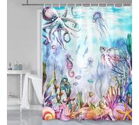 Beach Themed Blue Ocean Seaworld Marine Life Bath Curtains, Nautical Shower Curtain for Bathroom, Funny Cute Turtle Octopus Sea Horse Coral Star Conch Fish Shower Curtain Sets with Hooks