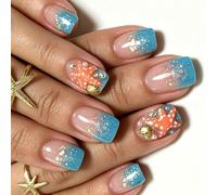 Beach Themed False Tip Fake Nails Set 24 Piece Blue French Design with Shell Pearl Accent Pieces for Vacation Lo