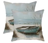 Beach Themed Pillow Covers Set of 2, Light Blue Ocean Boat Print Throw Pillows Case, Summer Coastal Decorative Square Seaside Decor Cushion Covers for Home Sofa Bed Couch 20x20 Inch