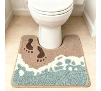 Beach-Themed U-Shaped Toilet Mat, Coastal Non-Slip Bath Rug with Wave Design & Footprints, Soft Absorbent Microfiber Floor Mat for Toilet Base, Machine Washable Bathroom Decor 22x20in (Waves-Toilet)