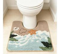Beach-Themed U-Shaped Toilet Mat, Coastal Non-Slip Bath Rug with Wave Design & Footprints, Soft Absorbent Microfiber Floor Mat for Toilet Base, Machine Washable Bathroom Decor 22x20in (Beach-Toilet)