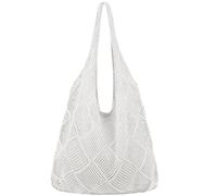 Beach Tote Bag Women Mesh Crochet Tote Bag Aesthetic Crochet Beach Bag Knitting Hollow Summer Bag for Travel Essentials 14.6x13 Inch Beige White Beach Tote