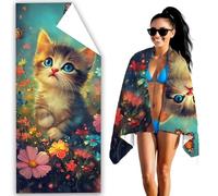 Beach Towel 140x70 cm Microfibre Beach Towels for Adults Cute Sand Free Microfibre Towel Cat Travel Towels With Net Bag,Absorbent Quick Dry for Pool Swimming Summer Holiday Travel for Women Men F2-292