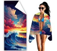 Beach Towel 152x76 cm Microfibre Beach Towels for Adults Waves Sand Free Microfibre Towel Cloud Travel Towels With Net Bag, Absorbent Quick Dry for Pool Swimming Summer Holiday Travel for Women F2-424