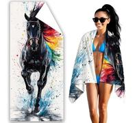 Beach Towel 80x160 CM Microfibre Beach Towels for Adults Cartoon Sand Free Microfibre Towel Horse Travel Towels With Net Bag, Absorbent Quick Dry for Pool Swimming Summer Holiday Travel for Men F2-306