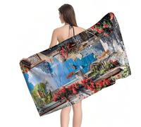 Beach Towel 90x200cm Extra Large Microfibre Towel for Adult, Sand Free Beach Towels Small Town Flower Pattern with Net Bag, Quick Dry Gym Towels Men, Lightweight Compact, Beachs Accessories Y1-961