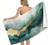 Beach Towel Abstract watercolor painting with gold leaf Quick Dry Microfibre Printed Beach Towels gray-green Super Absorbent Beach Towel for Swim 160 x 80 cm Soft Sand Free Lightweight