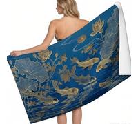 Beach Towel Lotus flowers, lotus leaves, koi 140 x 70 cm Microfibre Towel Quick Dry blue Printed Sand Free Compact Lightweight Pool Gym Camping