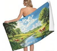 Beach Towel Microfibre Towel 140 x 70 cm dairy cows in the fields and by the stream Beach Towel for Travel green Printed Swimming Camping Holiday Quick Dry Sand Free Towels